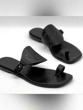 Hermes Black Leather Slip on Sandals